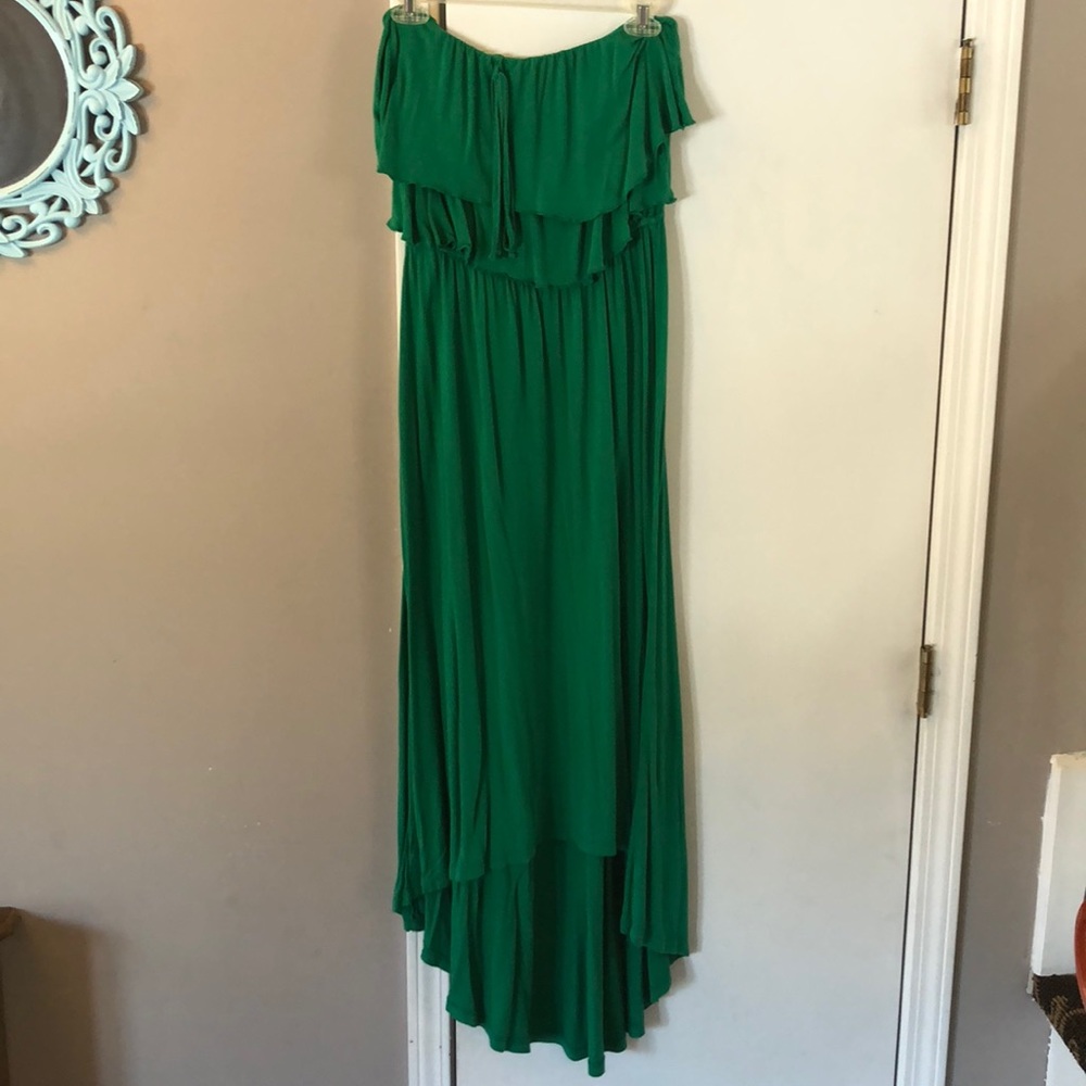 Emerald green strapless midi dress